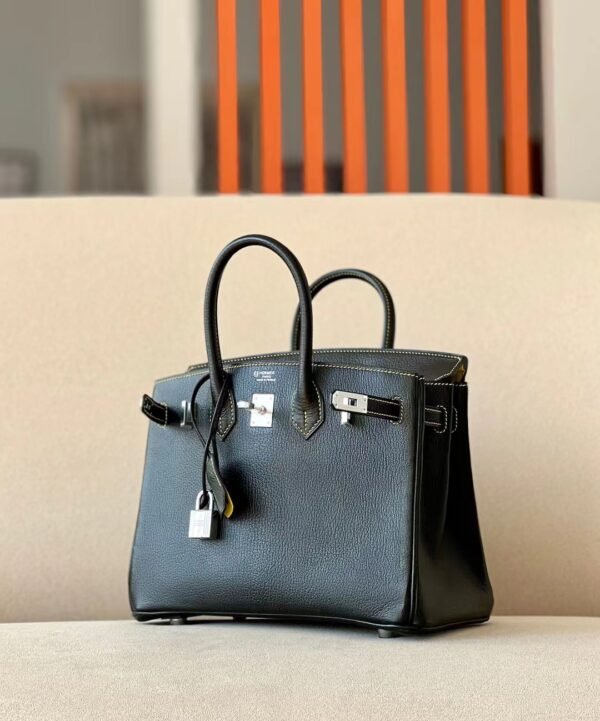 Hermes Birkin Chevre CK89 Black & 9R Lemon yellow Silver Hardware 25cm Full Handmade