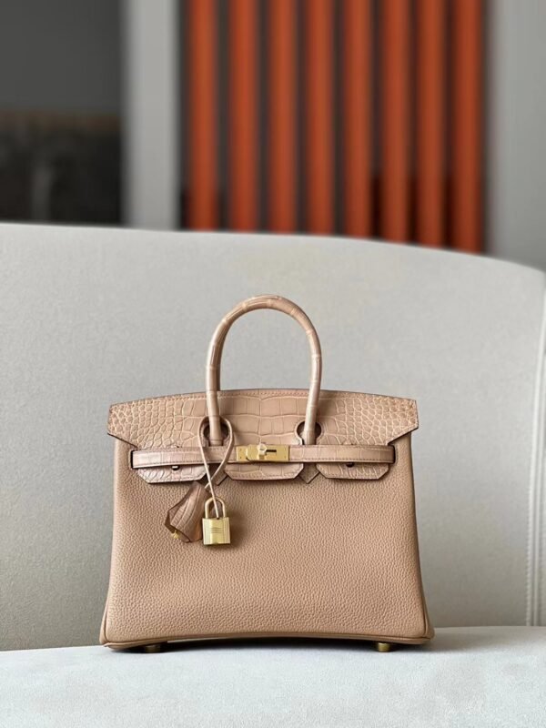 Hermes Birkin Togo & Matte Alligator crocodile OM Khaki Gold Hardware 25cm Full Handmade