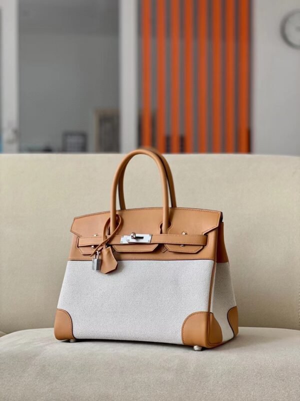 Hermès Birkin Swift & Canvas 4B Biscuit Khaki Silver Hardware 30cm Full Handmade