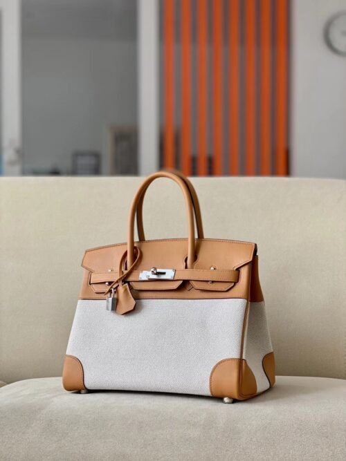 Hermès Birkin Swift & Canvas 4B Biscuit Khaki Silver Hardware 30cm Full Handmade