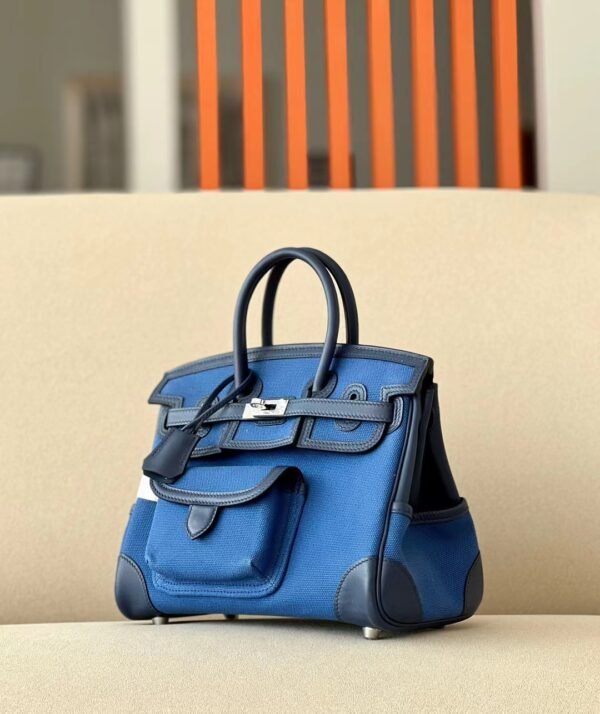 63d700f314d802c Hermes Birkin Cargo canvas & swift Dark Blue & Bright Blue Silver Hardware 25cm Full Handmade