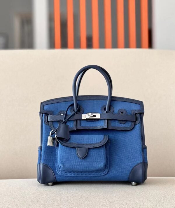 67e144448e91dca-1 Hermes Birkin Cargo canvas & swift Dark Blue & Bright Blue Silver Hardware 25cm Full Handmade