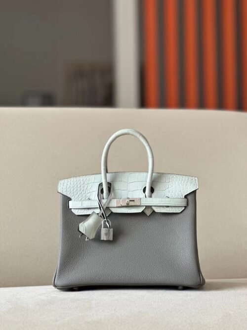 Hermès Brikin Togo & Matte Alligator 0L Deep Grey & OW Crystal grey Silver Hardware 25cm Full Handmade