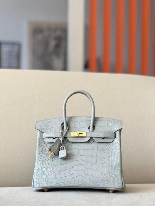 Hermès Brink Matte Alligator crocodile 80 Pearl grey Gold Hardware 25cm Full Handmade