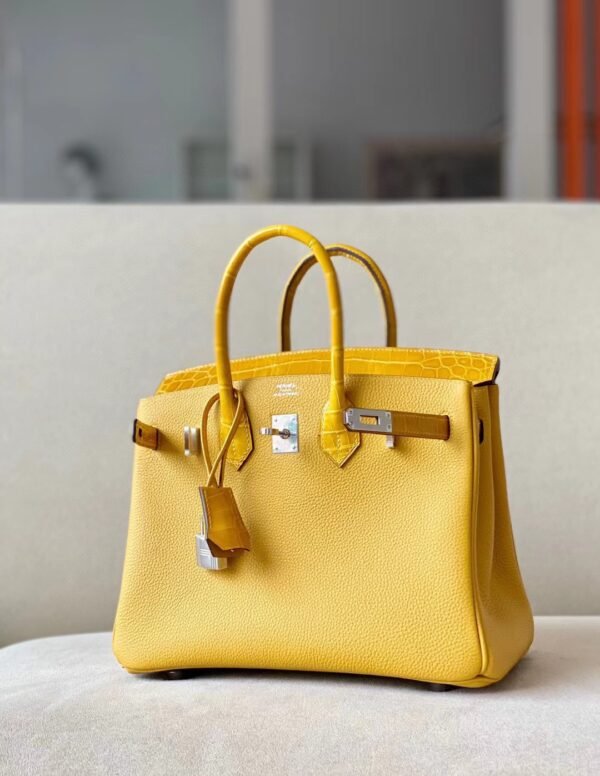 Hermès Birkin togo & Niloticus 9D Amber yellow Silver Hardware 25cm Full Handmade