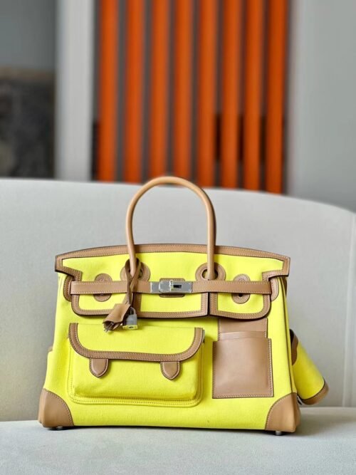 Hermes Birkin Cargo Canvas & Swift 9R Lemon yellow & OM Tea Khaki Silver Hardware 35cm Full Handmade