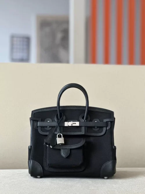 Hermès Birkin Canvas & Swift Ck89 Black Silver Hardware 25cm Full Handmade