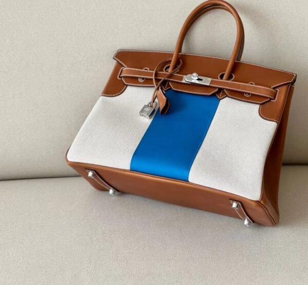 Hermes Birkin GARGO canvas & Barenia Brown & White & Blue Silver Hardware 35cm Full Handmade