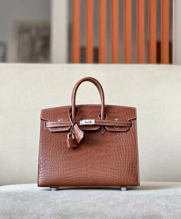 Hermes Birkin Matte Alligator CK37 Golden Brown Silver Hardware 25cm Full Handmade