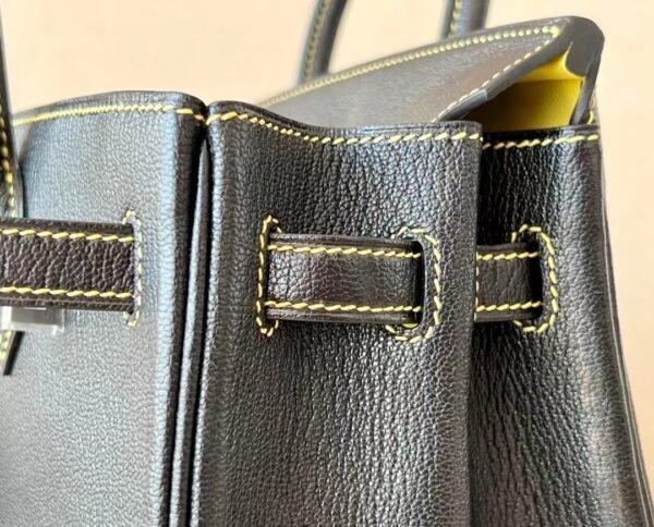 Hermes Birkin Chevre CK89 Black & 9R Lemon yellow Silver Hardware 25cm Full Handmade