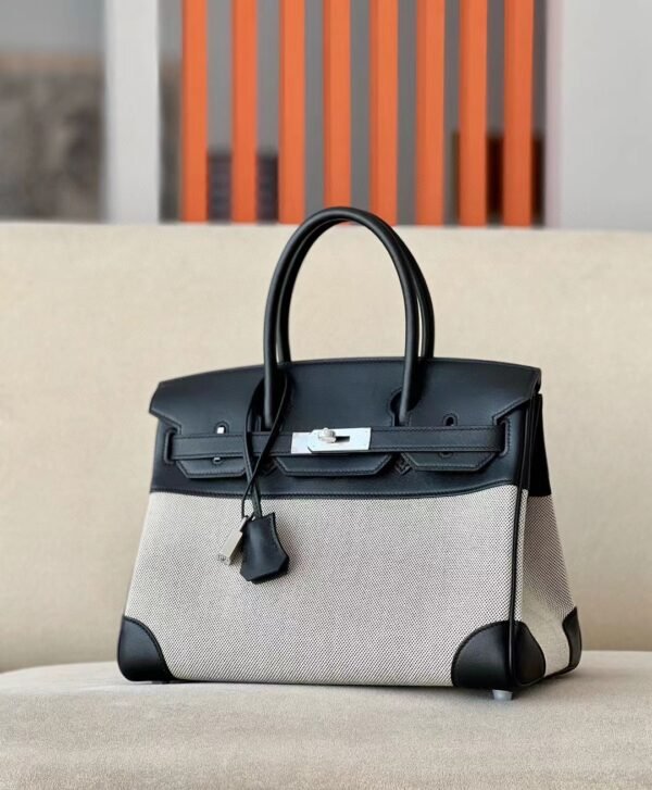 Hermès Birkin Swift & Canvas CK89 Black Silver Hardware 30cm Full Handmade