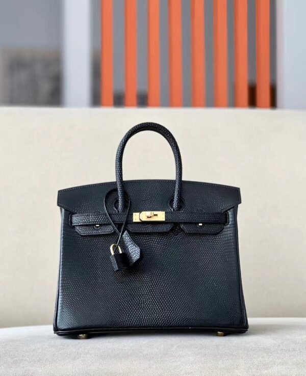 Hermes Birkin Lizard Black Gold Hardware 25cm Full Handmade