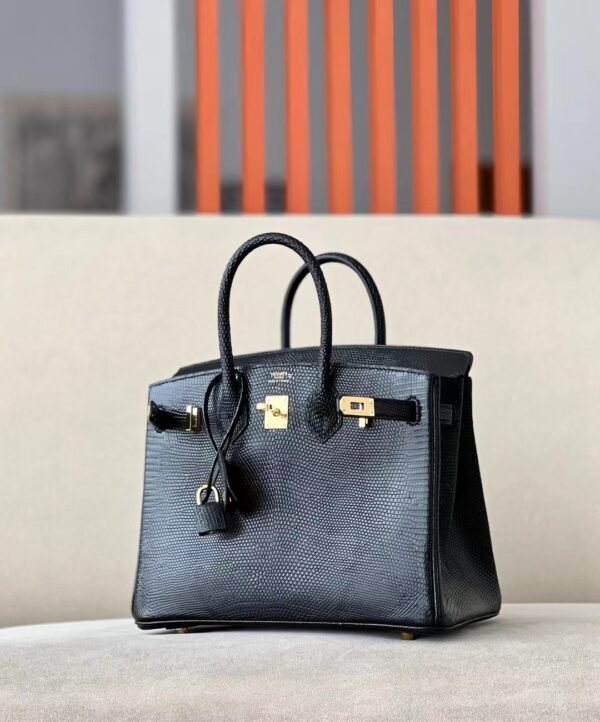 Hermes Birkin Lizard Black Gold Hardware 25cm Full Handmade