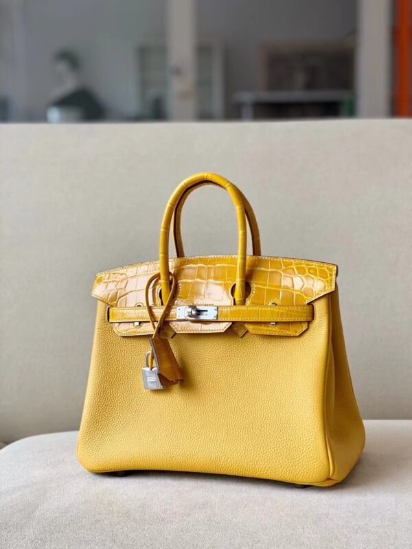 Hermès Birkin togo & Niloticus 9D Amber yellow Silver Hardware 25cm Full Handmade