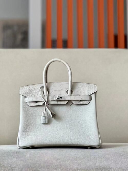 Hermes Birkin Togo & Matte Alligator 8L Ice White Silver Hardware 25cm Full Handmade