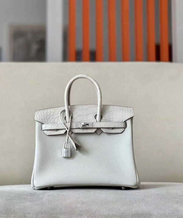 Hermes Birkin Togo & Matte Alligator 8L Ice White Silver Hardware 25cm Full Handmade