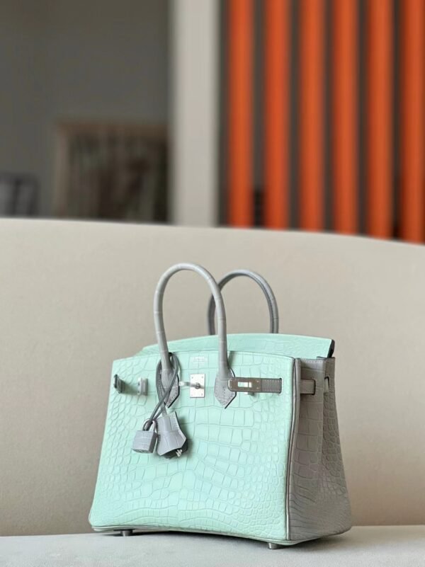 Hermès Brink Matte Alligator crocodile 6U Mint green & 80 Pearl grey Silver Hardware 25cm Full Handmade