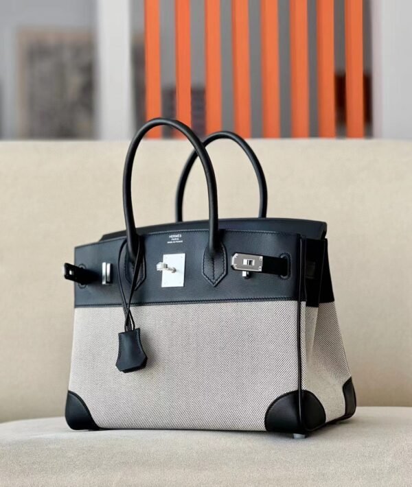 Hermès Birkin Swift & Canvas CK89 Black Silver Hardware 30cm Full Handmade