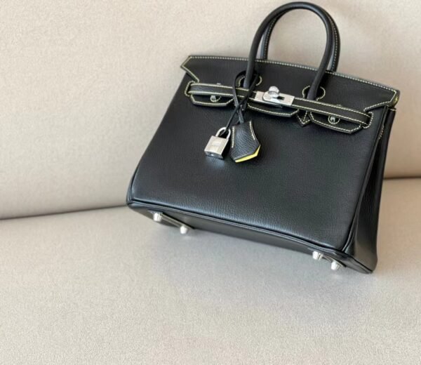 Hermes Birkin Chevre CK89 Black & 9R Lemon yellow Silver Hardware 25cm Full Handmade