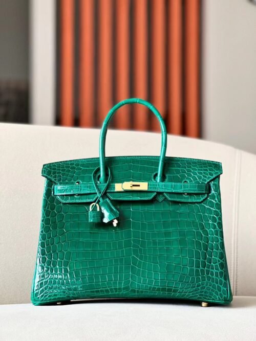 Hermes Birkin Shiny Niloticus crocodile 6Q jade green Gold Hardware 35cm Full Handmade