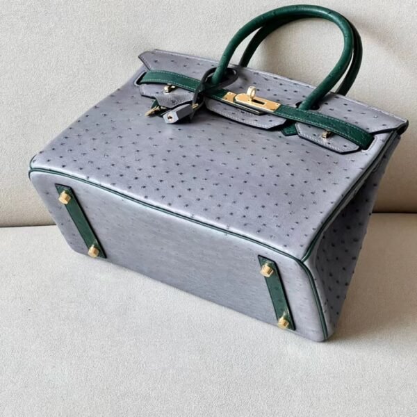 Hermes Birkin Ostrich Leather 82 Agate grey & 1T Deep Green Gold Hardware 30cm Full Handmade
