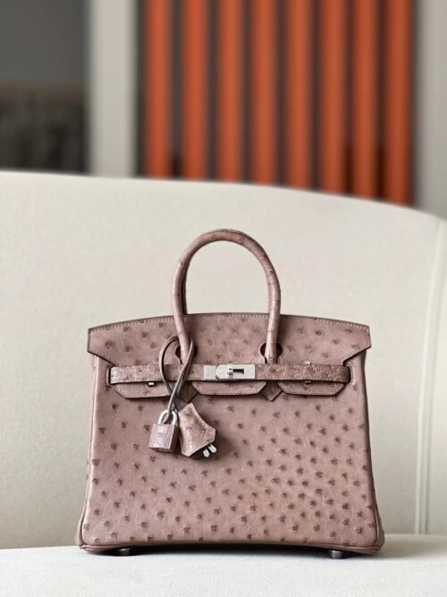 Hermes Birkin Ostrich Leather 94 Dark pink Silver Hardware 25cm Full Handmade