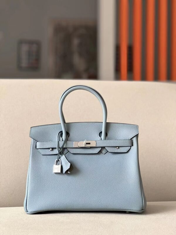 Hermes Birkin Togo J7 Linen blue & D0 Light Khaki Silver Hardware 30cm Full Handmade