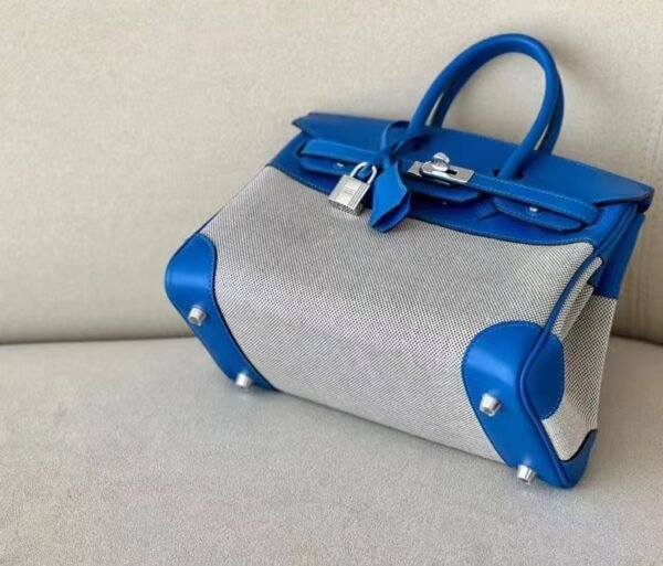 Hermes Birkin Barenia & Canvas 71 Blue Silver Hardware 30cm Full Handmade