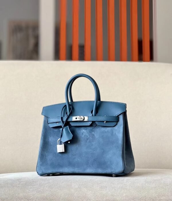 Hermes Birkin Chamois & Swift R2 Agate blue Silver Hardware 25cm Full Handmade