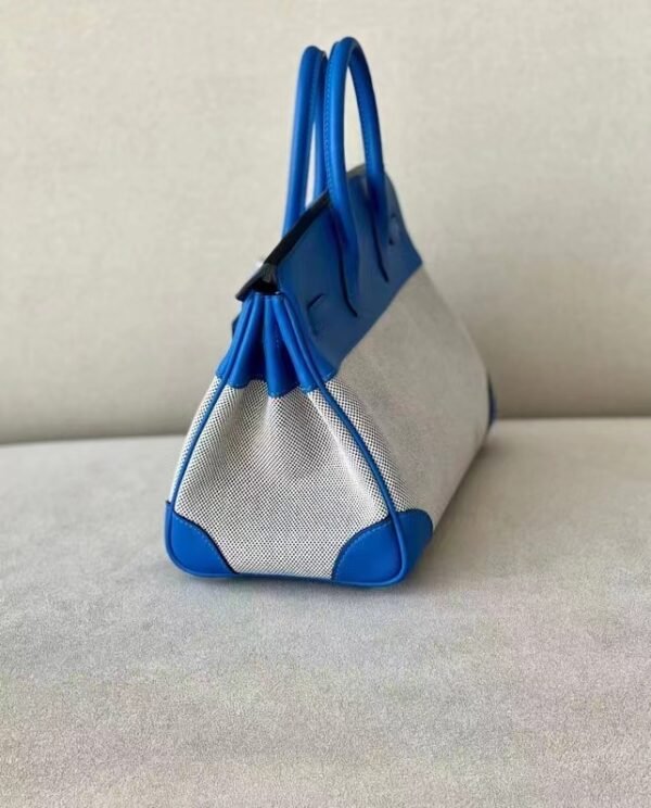 Hermes Birkin Barenia & Canvas 71 Blue Silver Hardware 30cm Full Handmade