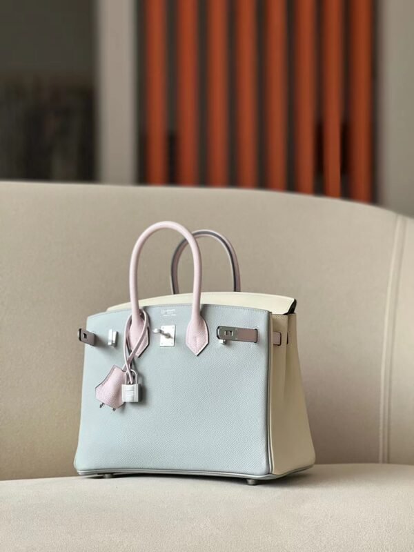 Hermes Birkin Epsom 8u Ice Blue & 10 Creamy White & 09 Light Purple Silver Hardware 25cm Full Handmade