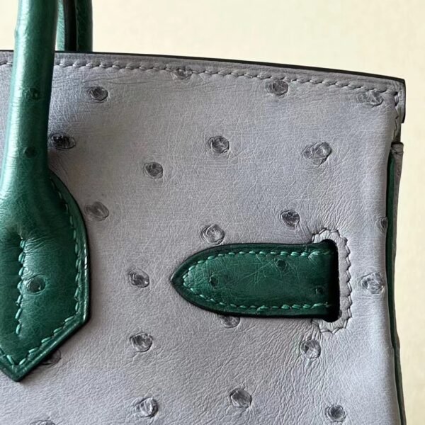 Hermes Birkin Ostrich Leather 82 Agate grey & 1T Deep Green Gold Hardware 30cm Full Handmade
