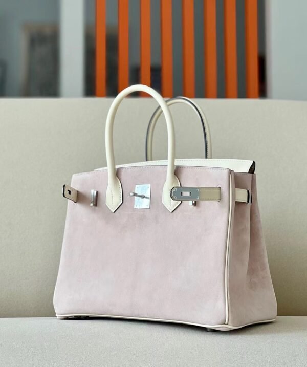 Hermès Birkin Swift & Chamois I2 Creamy White & 4W Light Purple Silver Hardware 30cm Full Handmade