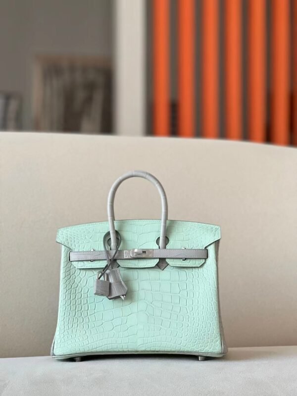 Hermès Birkin Matte Alligator crocodile 6U Mint green & 80 Pearl grey Silver Hardware 25cm Full Handmade